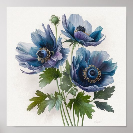 Blue Anemone Flowers Art Print Poster (Voorkant)