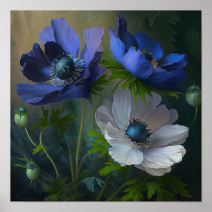 Blue Anemone Flowers Art Print Poster