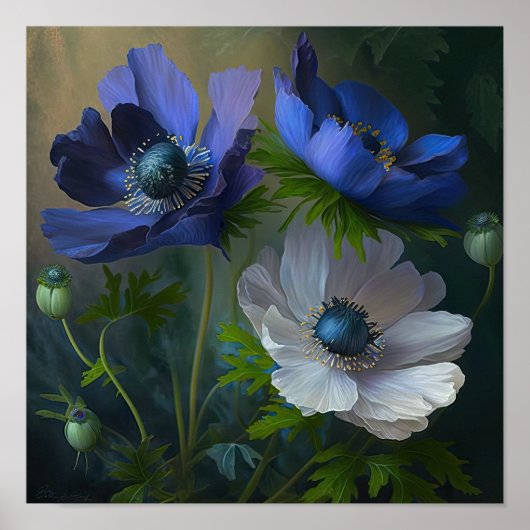 Blue Anemone Flowers Art Print Poster (Voorkant)