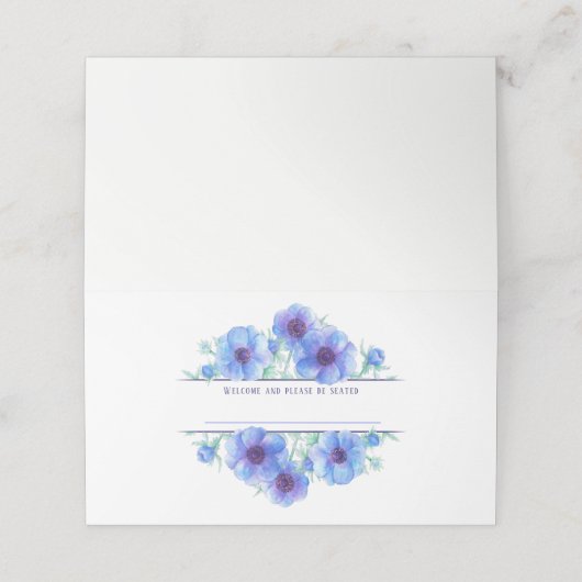 Blue anemone waterverf bruiloft gast plaats kaarte plaatskaartje (Buitenkant ongevouwen)