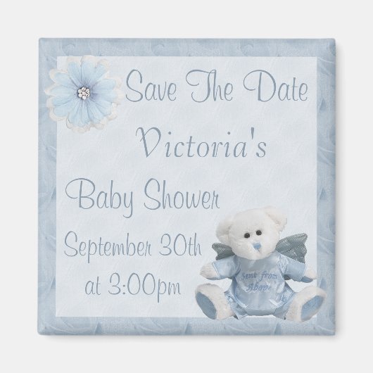 Blue Angel Teddy Bear Save the Date Baby shower Magneet (Voorkant)