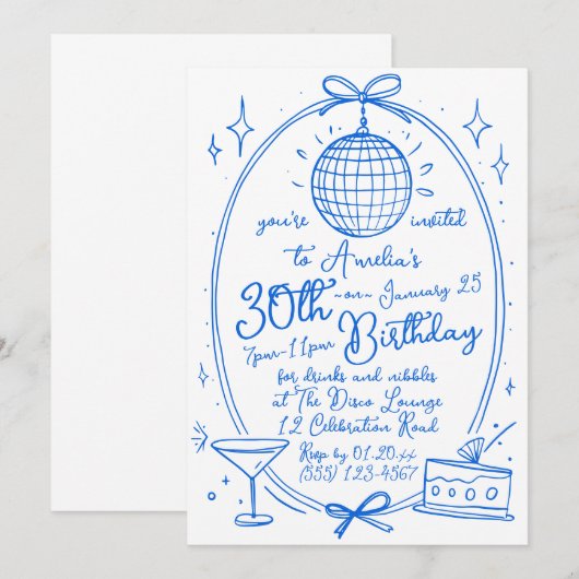 Blue Any Age 30th Birthday Disco Hand getrokken Kaart (Voorkant / Achterkant)