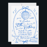 Blue Any Age 30th Birthday Disco Hand getrokken Kaart<br><div class="desc">Vier uw speciale dag met deze levendige aangepaste 30e verjaardagsuitnodiging met een handgetekend discobalontwerp. Perfect voor een nacht vol drinken en knabbelen, deze uitnodiging zet de toon voor een onvergetelijk feest. Personaliseer met uw evenementgegevens naar creëer een unieke en stijlvolle uitnodiging waar gasten dol op zullen zijn. Ideaal voor mijlpaalverjaardagen,...</div>
