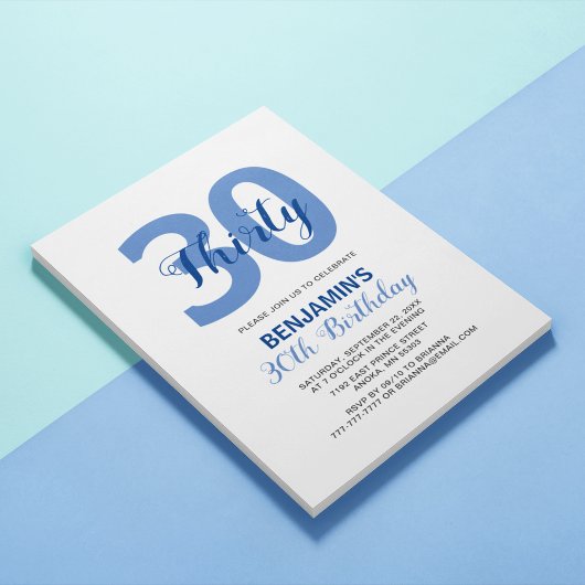 Blue Any Age Monogram Birthday Uitnodiging