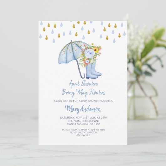 Blue April Showers brengen May Flowers Baby shower Kaart (Staand voorkant)