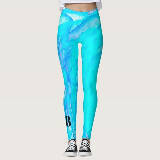 Blue Aqua Abstract Pattern Monogram Active Leggi Leggings (Voorkant)