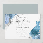 Blue Aqua Dress & Flowers 50th Birthday Party Kaart (Voorkant / Achterkant)