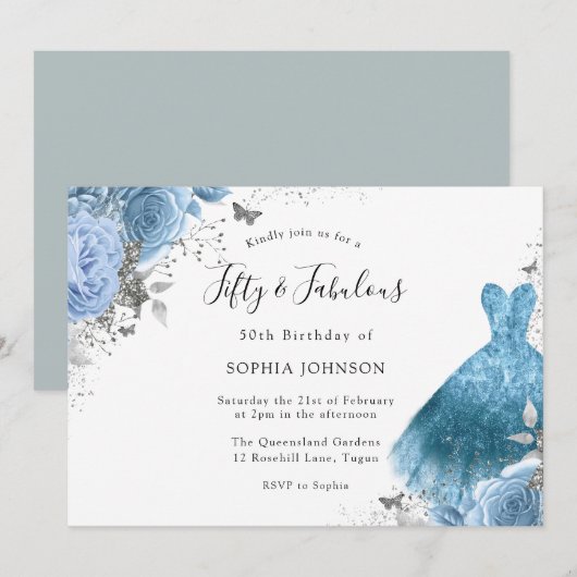 Blue Aqua Dress & Flowers 50th Birthday Party Kaart (Voorkant / Achterkant)