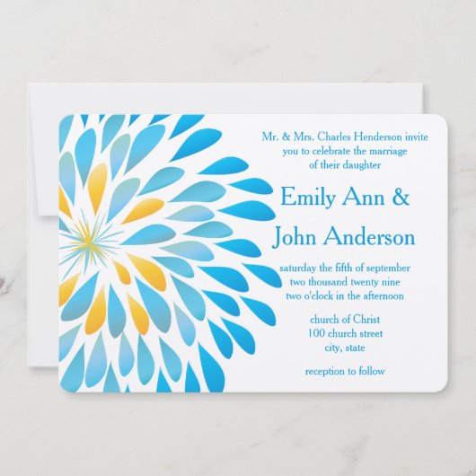 Blue Aqua Floral Chrysanthemum Wedding Invitations Kaart (Voorkant)