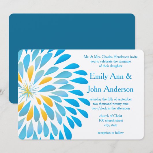 Blue Aqua Floral Chrysanthemum Wedding Invitations Kaart (Voorkant / Achterkant)