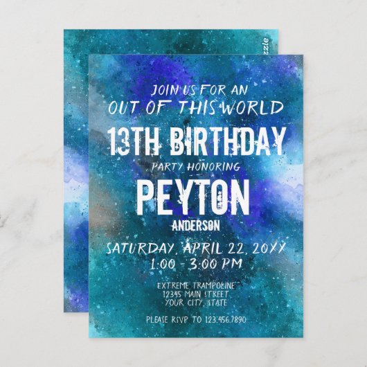 Blue Aqua Galaxy Waterverf Uitnodigen Briefkaart (Voorkant / Achterkant)