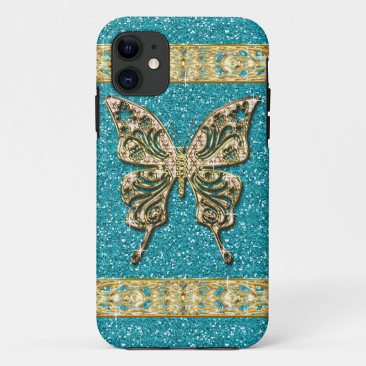 Blue Aqua Glitter Golden Butterfly Case-Mate iPhone Case (Achterkant)