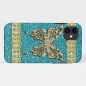 Blue Aqua Glitter Golden Butterfly Case-Mate iPhone Case (Achterkant (horizontaal))