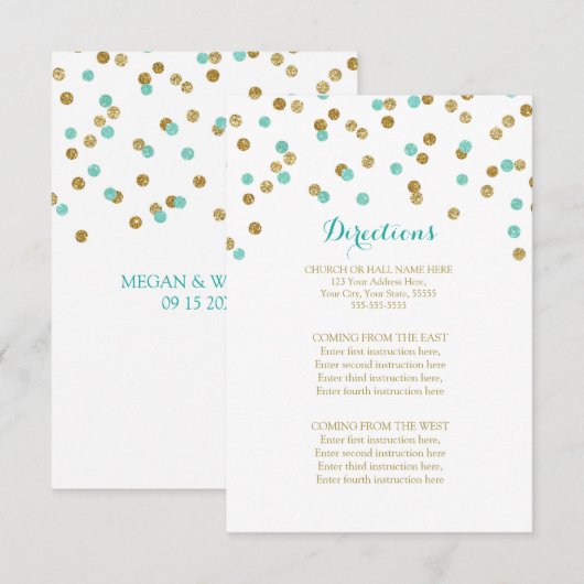 Blue Aqua Gold Confetti Wedding Direction Insert Informatiekaartje (Voorkant / Achterkant)