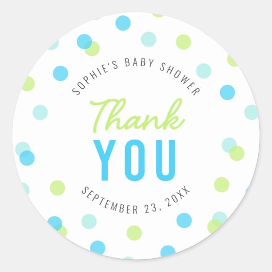 Blue Aqua Green Confetti Baby shower dank u Ronde Sticker (Voorkant)