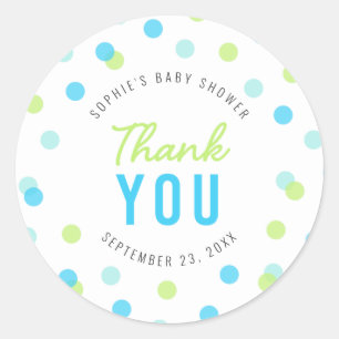 Blue Aqua Green Confetti Baby shower dank u Ronde Sticker