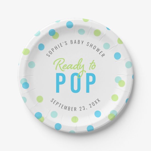 Blue Aqua Green Confetti Ready to Pop Baby shower Papieren Bordje (Voorkant)