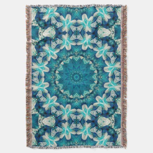 Blue Aqua Mandala Rosette Retro Hippie Deken (Voorkant Verticaal)