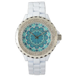 Blue Aqua Mandala Rosette Retro Hippie Horloge