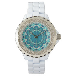 Blue Aqua Mandala Rosette Retro Hippie Horloge