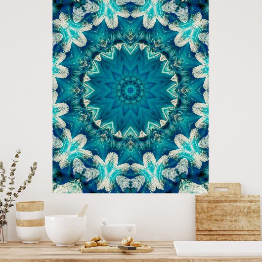 Blue Aqua Mandala Rosette Retro Hippie Poster (Keuken)
