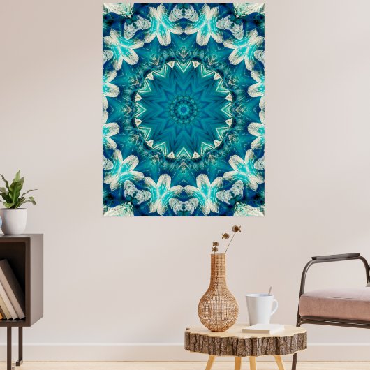Blue Aqua Mandala Rosette Retro Hippie Poster (Woonkamer 3)