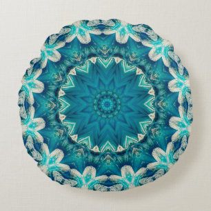 Blue Aqua Mandala Rosette Retro Hippie Rond Kussen