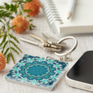 Blue Aqua Mandala Rosette Retro Hippie Sleutelhanger