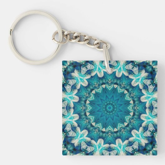 Blue Aqua Mandala Rosette Retro Hippie Sleutelhanger (voorkant)