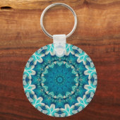 Blue Aqua Mandala Rosette Retro Hippie Sleutelhanger (Voorkant)
