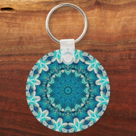 Blue Aqua Mandala Rosette Retro Hippie Sleutelhanger (Voorkant)