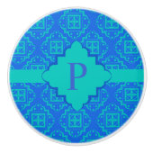 Blue Aqua Monogram Arabesque Moroccan Graphic Keramische Knop (Voorkant)