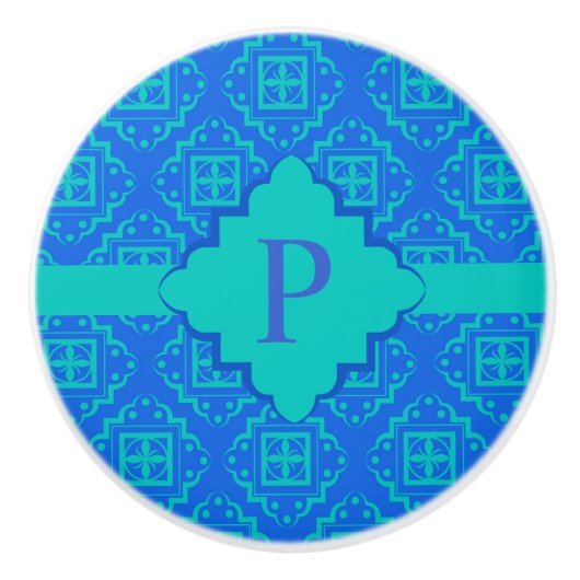 Blue Aqua Monogram Arabesque Moroccan Graphic Keramische Knop (Voorkant)