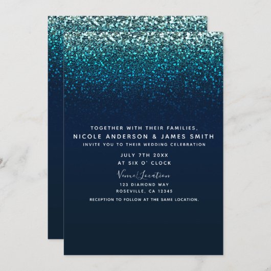 Blue Aqua Navy Glitter Sparkle Modern Glam Wedding Kaart (Voorkant / Achterkant)