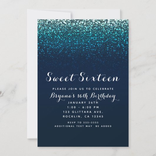 Blue Aqua Navy Glitter Sparkle Sweet 16 Party Kaart (Voorkant)
