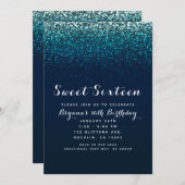 Blue Aqua Navy Glitter Sparkle Sweet 16 Party Kaart (Voorkant / Achterkant)
