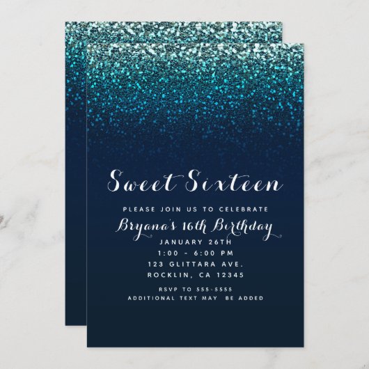 Blue Aqua Navy Glitter Sparkle Sweet 16 Party Kaart (Voorkant / Achterkant)