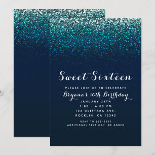 Blue Aqua Navy Glitter Sparkle Sweet 16 Party Kaart