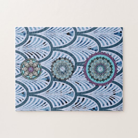 Blue Aqua Paars 3 Mandala Gepersonaliseerd Legpuzzel (Horizontaal)