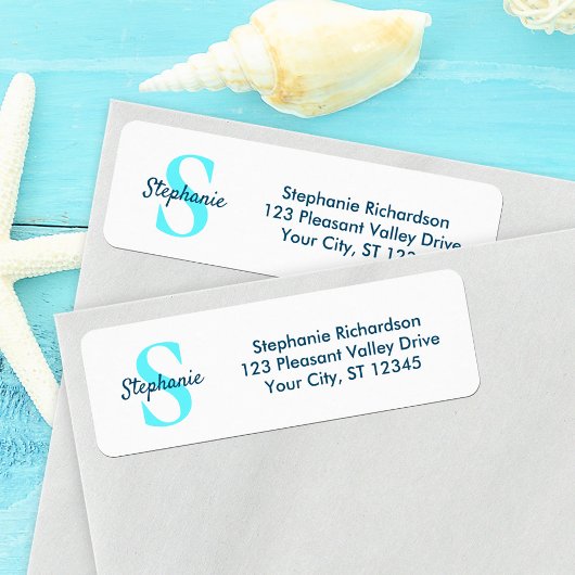 Blue Aqua Script Monogram Etiket