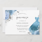 Blue Aqua Silver Dress & Flowers Quinceanera Kaart (Voorkant)