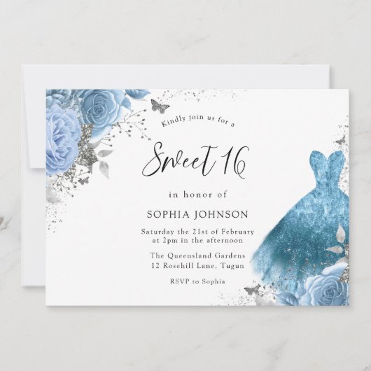 Blue Aqua Silver Dress & Flowers Sweet 16 Kaart (Voorkant)