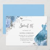 Blue Aqua Silver Dress & Flowers Sweet 16 Kaart (Voorkant / Achterkant)