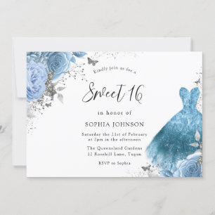 Blue Aqua Silver Dress & Flowers Sweet 16 Kaart