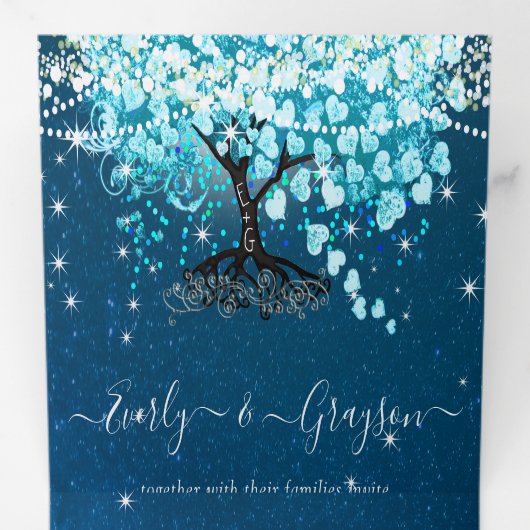 Blue Aqua Turquoise Heart Leaf Tree Wedding Drieluik Uitnodiging (Binnenzijde eerst)