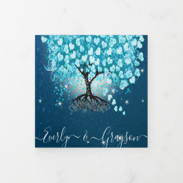 Blue Aqua Turquoise Heart Leaf Tree Wedding Drieluik Uitnodiging