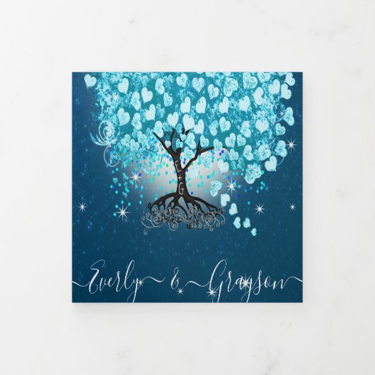 Blue Aqua Turquoise Heart Leaf Tree Wedding Drieluik Uitnodiging (Cover)