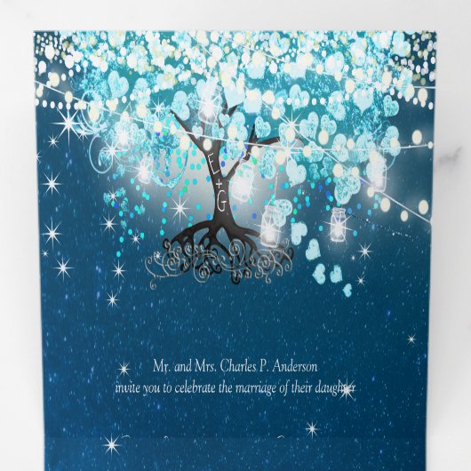 Blue Aqua Turquoise Heart Leaf Tree Wedding Tri-F Drieluik Uitnodiging (Binnenzijde eerst)