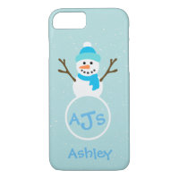 Blue Aqua White Monogram Snowman Hoesje