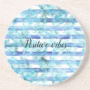 Blue Aqua White Waterverf Stripes Tropische blader Zandsteen Onderzetter